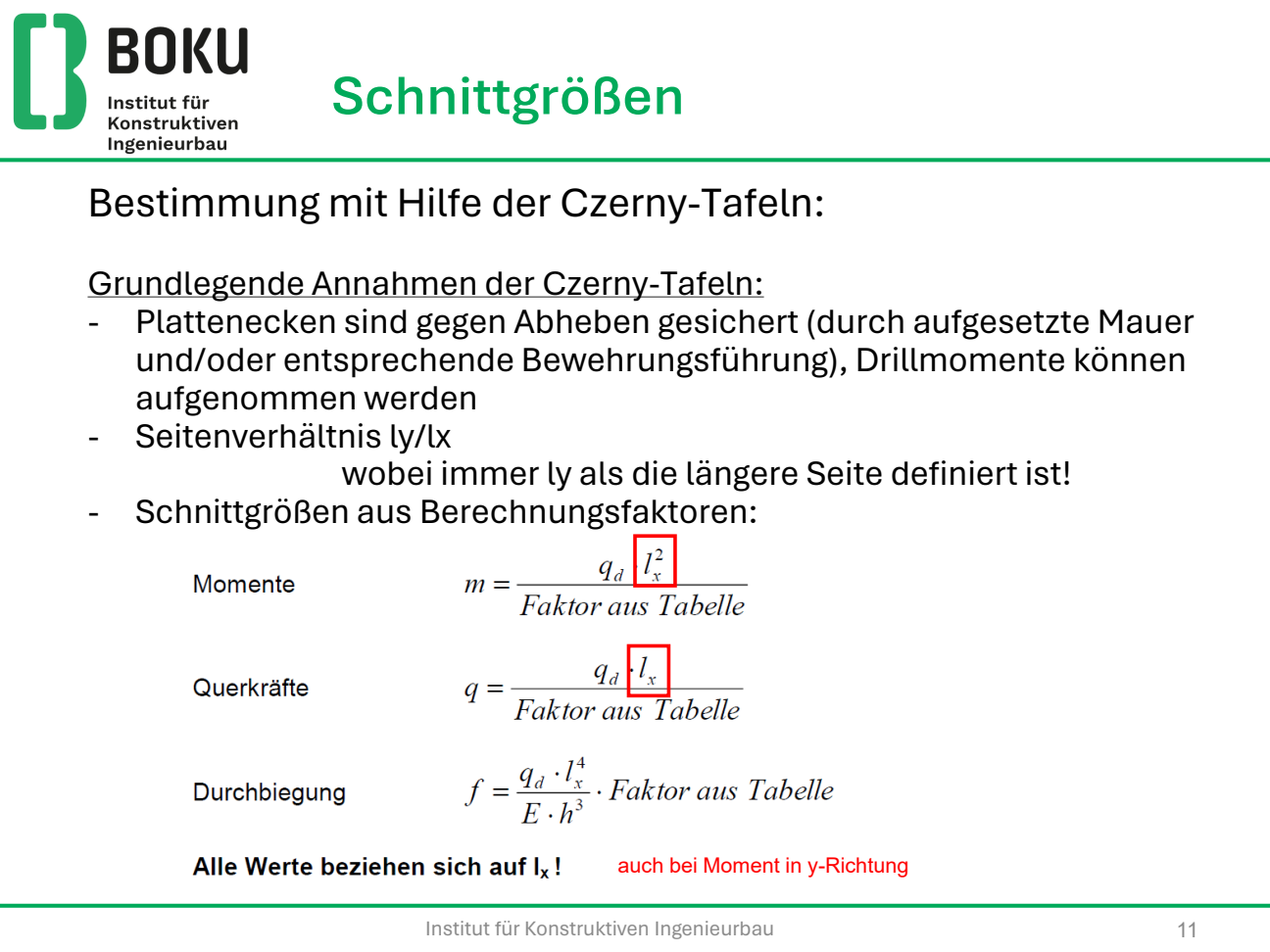 Folie: Momente m = qd lx² / Tafelwert, Querkräfte qd lx / Tafelwert, immer bezogen auf lx
