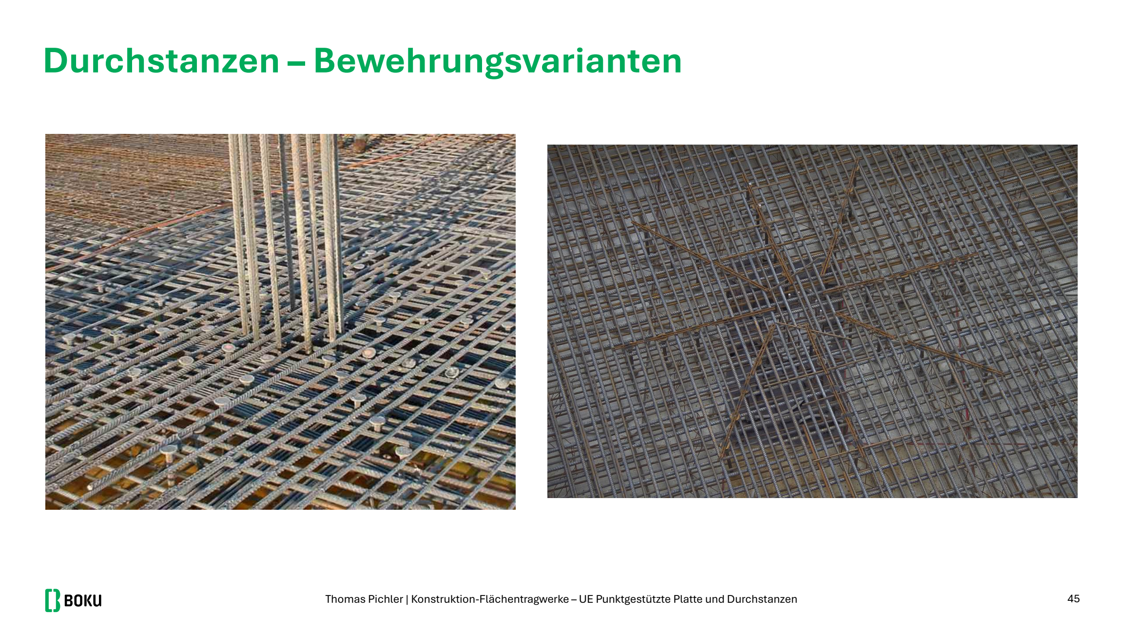 Fotos: Durchstanzbügel um eine Stütze und sternförmige Bewehrung in der Platte